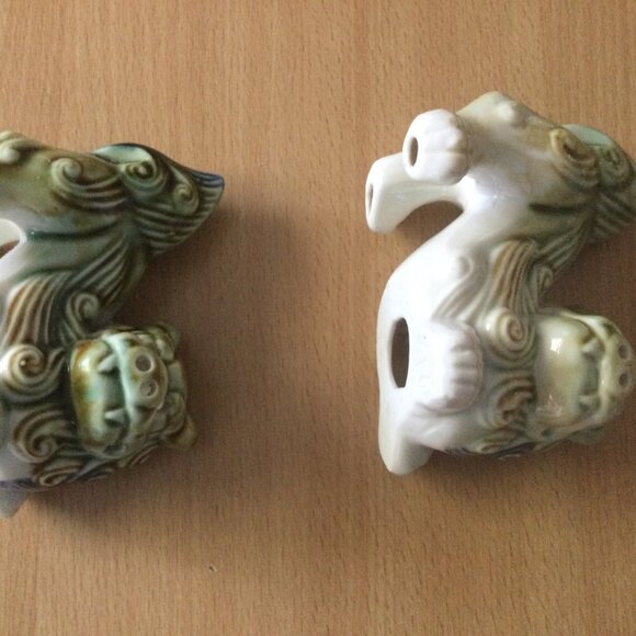 Pair Vintage foo dog lion figurines green blue ceramic san cai lucky - Picture 7 of 7